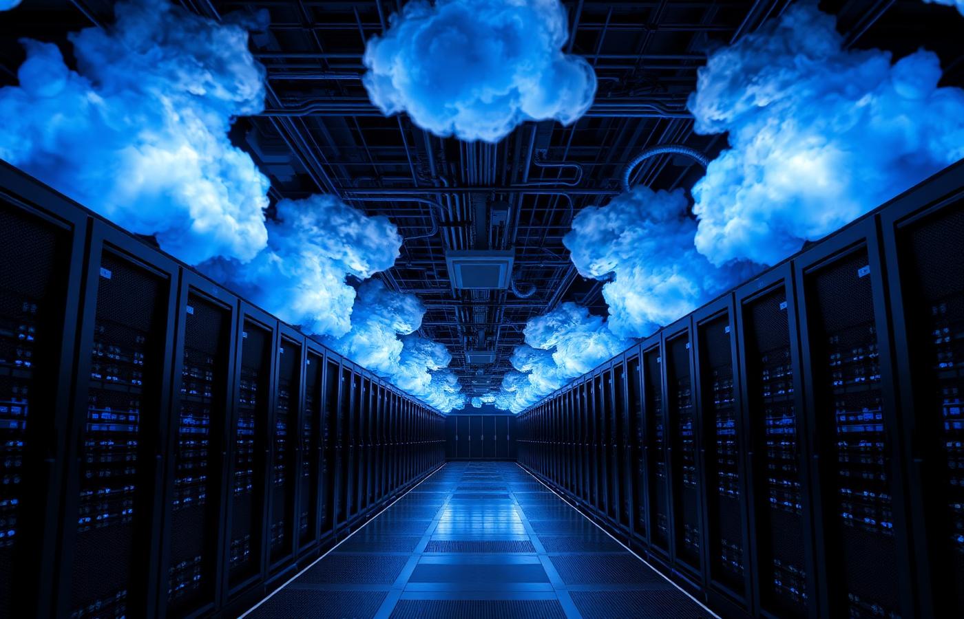 Long corridor of illuminated server racks in a data centre, rendered in cool blue tones
