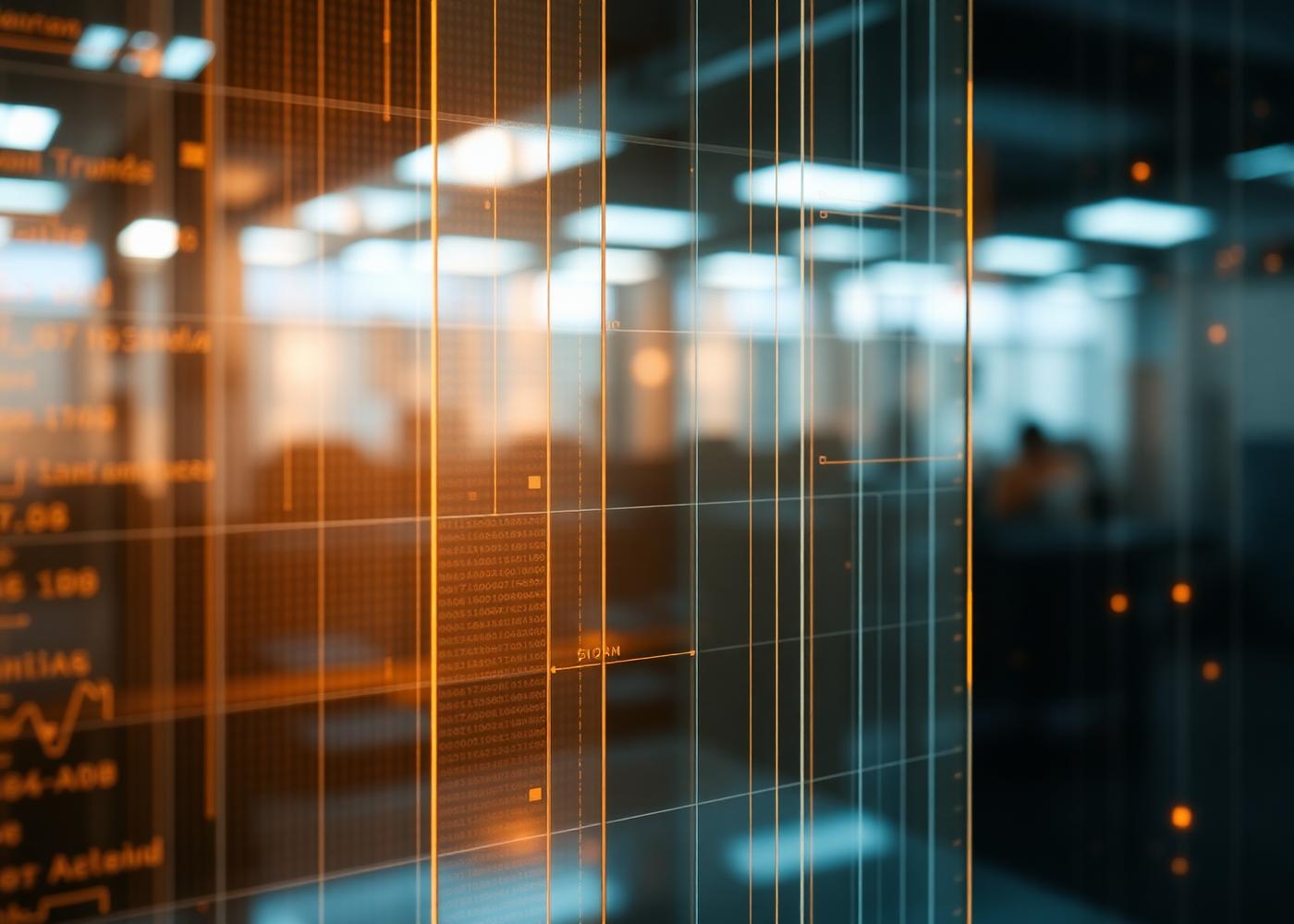 Translucent glass panels overlaid with orange grid lines and terminal data in a modern office