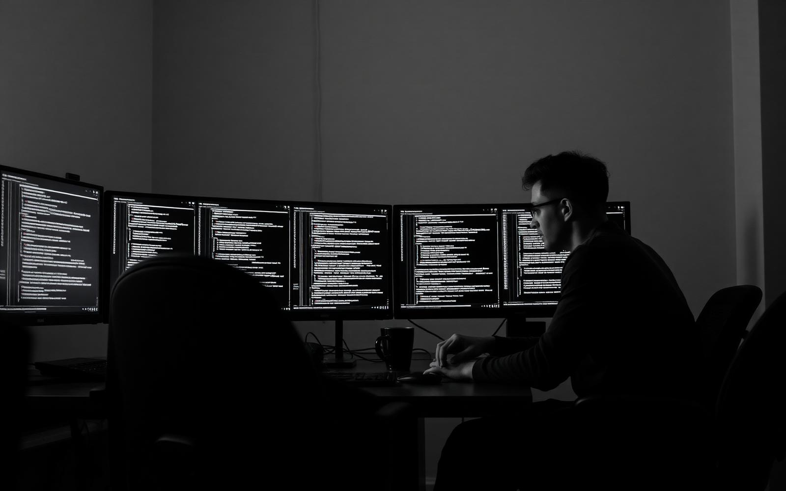 Software engineer working at multiple monitors in a dimly lit workspace, editing code across several displays