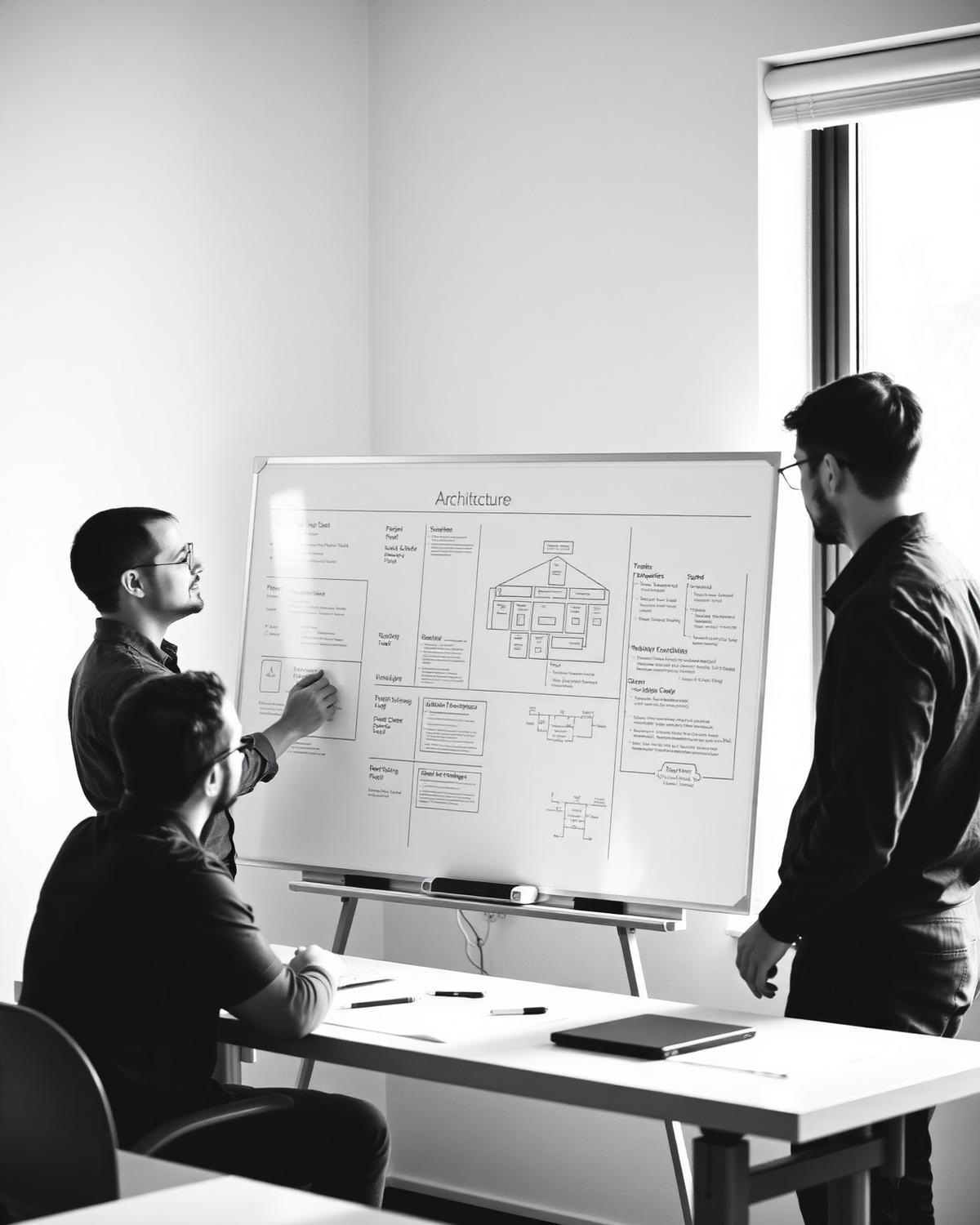 Two engineers reviewing a system architecture diagram on a whiteboard by a bright window