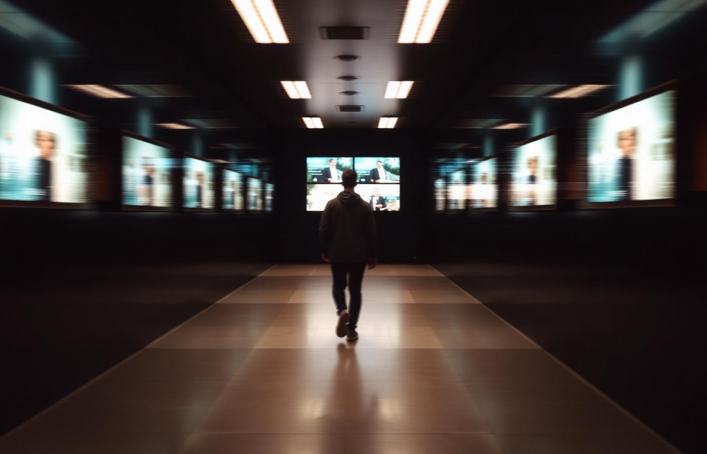 Silhouette of a person walking past illuminated displays in a corporate corridor