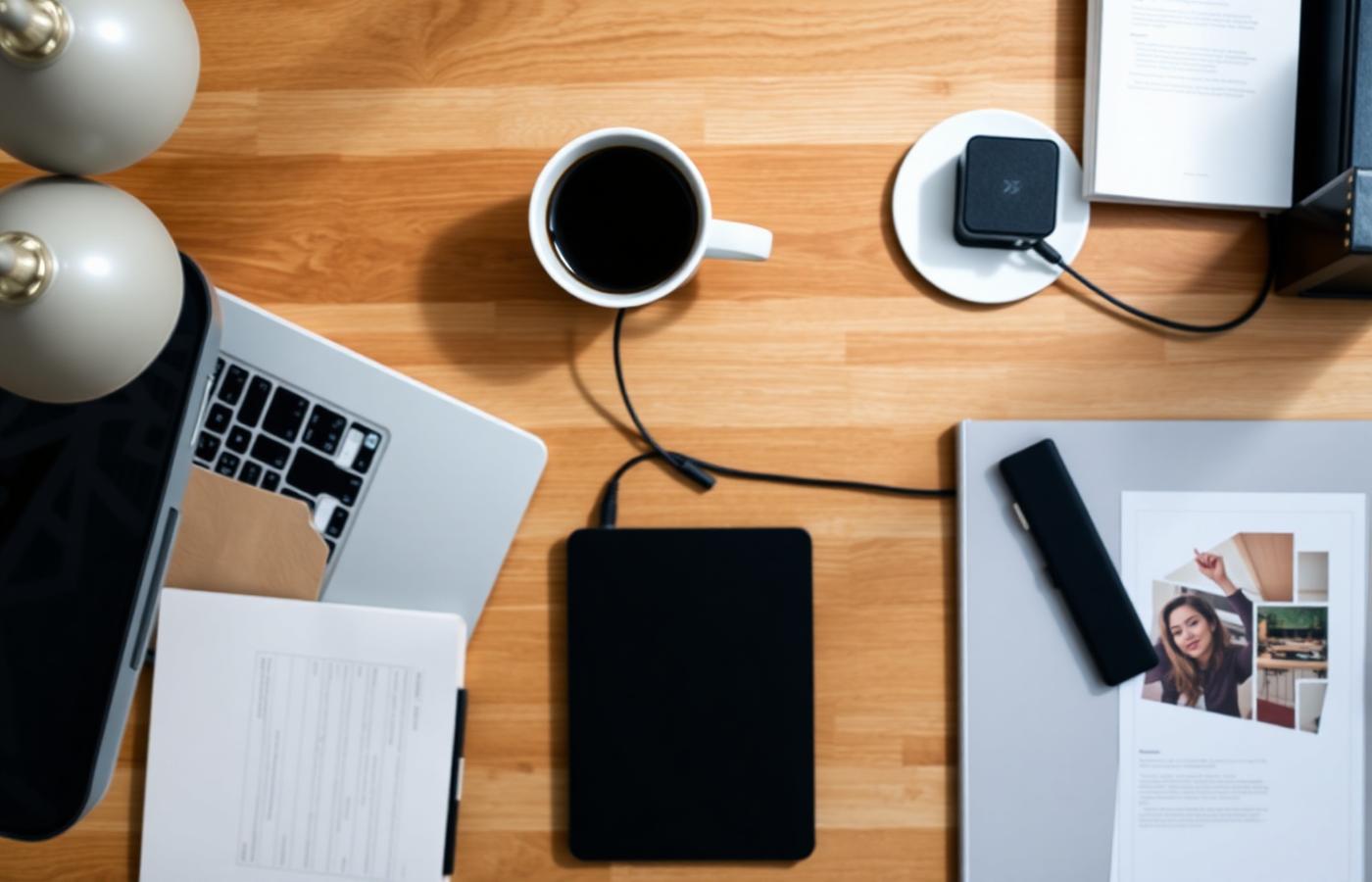 Overhead view of a wooden desk with a laptop, notebook, coffee cup, and tablet arranged neatly